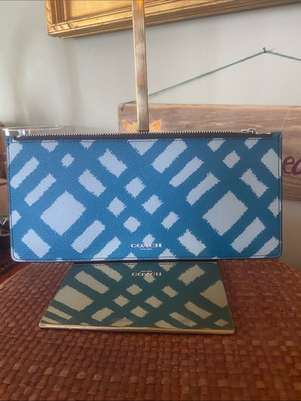 NWOT Coach Blue Geometric Pebble Grain Leather Clutch